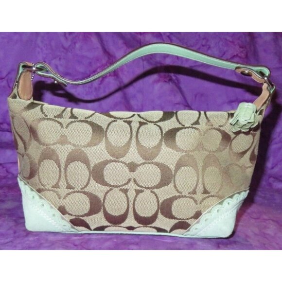 Coach 2000's Y2K Signature Collection Khaki Canvas & Green Suede demi baguette - Picture 2 of 14